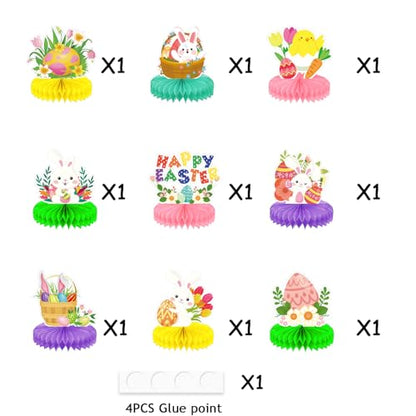 9 Pieces Easter Honeycomb Centerpieces Table Decor, Cute Bunny Chick and Eggs Happy Easter Spring Festive Pattern Table Topper Ornaments Signs, Holiday Easter Day Party Decorations