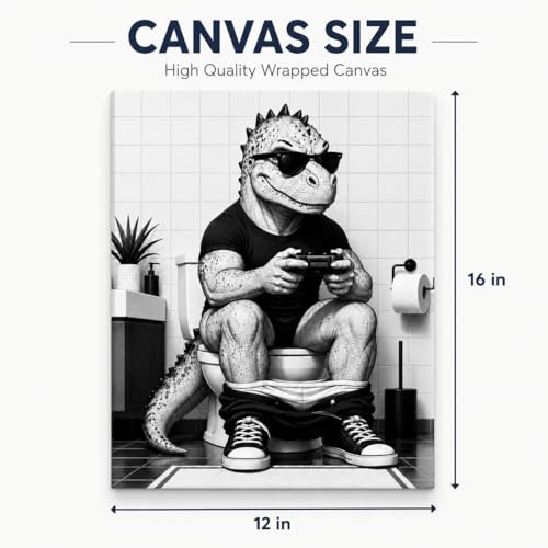 Canvas Wall Art Funny Dinosaur Framed Style Powder Room Accent 12x16 Inch - color: Funny Dinosaur, size: 16"L x 12"W