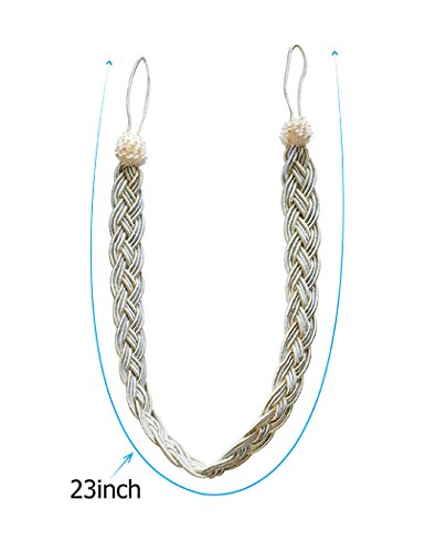 Home Queen Hand Braided Curtain Tie Back, Buckle Holdback Drapery Curtain Tiebacks, 4 Rope Belt Curtain Tie with 4 Metal Hooks, Beige and Silver - color: Beige+silver, size: 4 Pack