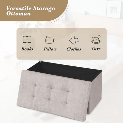 Athena Collection 30" Storage Ottoman Bench Folding Bench with 90L Hidden Storage, Large End of Bed Bench Linen Foot Rest Stool Chest with Flipping Lid for Living Room Bedroom Entryway, Sandy Beige - color: Sandy Beige, style: 30" Linen