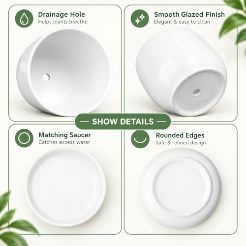 6.7 + 5.5 Inch Ceramic Plant Pot with Drainage and Saucer - size: 6.7 + 5.5 Inch 2 Pcs