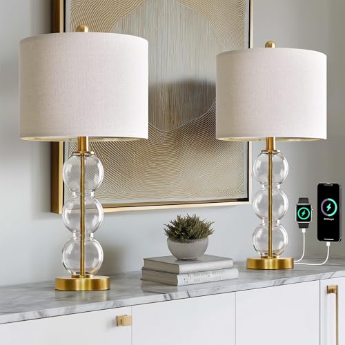 Oneach 25" Glass Table Lamps Set of 2, Gold Modern Table Lamps with USB Ports for Living Room, Linen Shade Bedside Lamps for Bedroom, Nightstand, Side Table (Bulbs not Included) - color: Gold