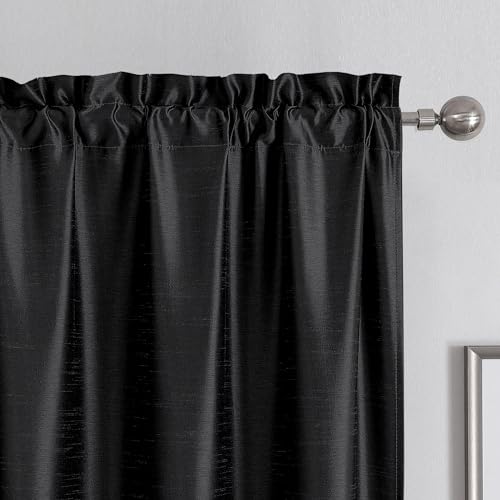 Chyhomenyc Uptown Black Faux Silk Curtains 96 Inch Length 2 Panels for Bedroom, Shiny Luxury Room Darkening Slub Textured Soft Fabric Rod Pocket Window Drapes, Each 40x96 Inches, 8 FT - color: Black, size: 40"W x 96"L (Pack of 2)