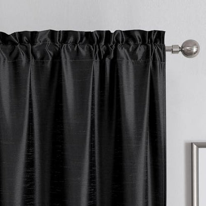 Chyhomenyc Uptown Black Faux Silk Curtains 96 Inch Length 2 Panels for Bedroom, Shiny Luxury Room Darkening Slub Textured Soft Fabric Rod Pocket Window Drapes, Each 40x96 Inches, 8 FT - color: Black, size: 40"W x 96"L (Pack of 2)