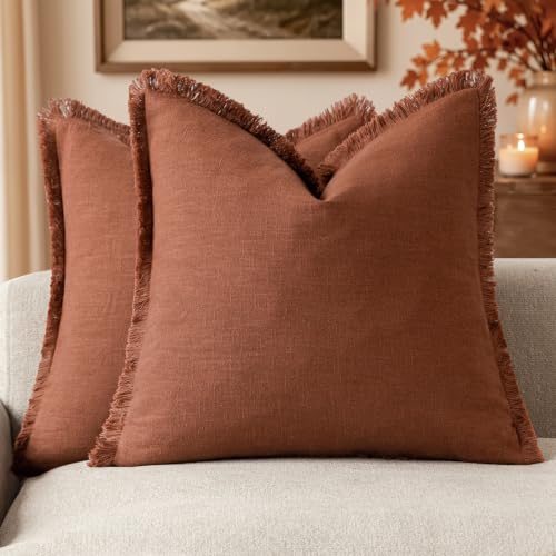 Foindtower Decorative Linen Fringe Throw Pillow Covers 16×16 Rust Orange - color: Late Autumn, size: 16" x 16" (Pack of 2)