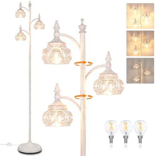 JUNNAI White Floor Lamps for Living Room 66.5in Vintage Standing Lamp with Glass Shade 3 Way Brightness Lights Mid Century Modern Corner Lamp for Bedroom Office(Bulbs Included) - color: Washed White