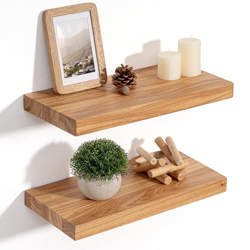 Floating Shelves for Wall, 8" Deep Elm Wood Shelves, 16in Set of 2, Natural - color: Natural, size: Flat Edge, 16inch, 2Packs