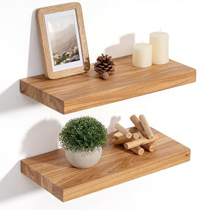 Floating Shelves for Wall, 8" Deep Elm Wood Shelves, 16in Set of 2, Natural - color: Natural, size: Flat Edge, 16inch, 2Packs