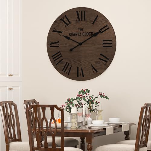 ARTPOWER 35.5" Extra Large Farmhouse Wall Clock,Solid Wood Veneer,Brown - color: Brown, size: 35.5"W x 35.5"H