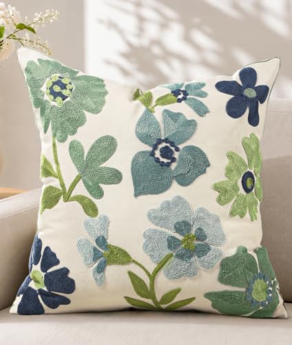 Embroidered Floral Throw Pillow Cover 20x20 Inch, Teal Flower - color: Teal Flower, size: 20" x 20" (Pack of 1)
