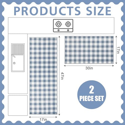 Dunzy 2 Pcs Blue Gingham Kitchen Mats Cute Farmhouse Plaid Runners Non-Slip - color: Blue