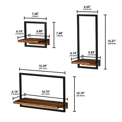 Metal Frame Rustic Wooden Floating Hanging Shelves, Home Decor Wall Mounted Display Organizing Shelf for Living Room, Bedroom, Office Bathroom. Set of 3