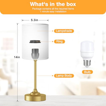 Fenmzee Gold Bedside Lamp for Bedroom - 3-Way Dimmable Touch Table Lamp - color: White Shade-Gold Base, size: 14"