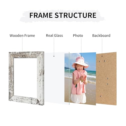 5x7 Collage Picture Frames Set of 2, Rustic Wooden Real Glass Vertical Hanging 3 Opening 5 by 7 Photo Frame, Distressed White - color: Distressed White, size: Vertical-5x7 in