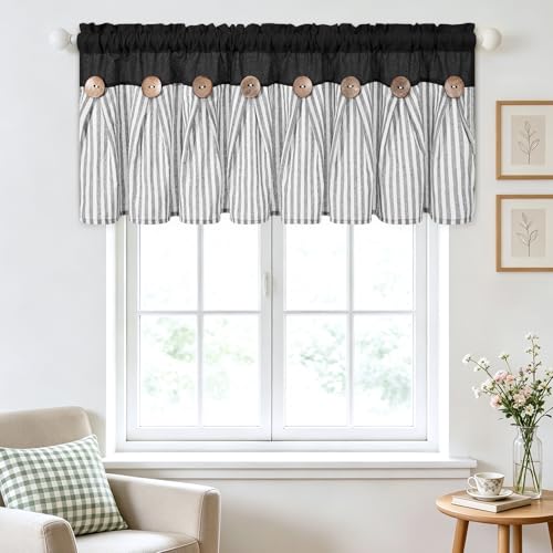 ASPMIZ Cotton Linen Kitchen Valance Curtains, Boho Rustic Button Linen Valances for Windows Farmhouse, Black with Grey Stripe Valance Window Topper Treatment Window Valances for Bathroom, 52 x 18 Inch - color: Black&grey, size: 52"W x 18"L (Pack of 1)