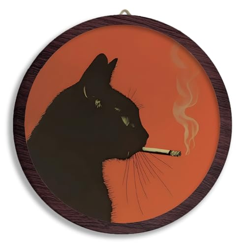 XDFVL Retro Black Cat Smoking Round Wall Art Decor, Rustic Frame Hanging Wooden Prints, Vintage Cottagecore Moody Round Wall Art Decor for Home Farmhouse Decorations, 10x10 Inch - color: smoking cat
