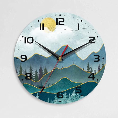 Wall Clock, 10 Inch Silent Non-Ticking Home Kitchen Decor, Battery Operated for Bathroom Bedroom Living Room Office(Abstract Mountain Sun) - color: Abstract Mountain Sun