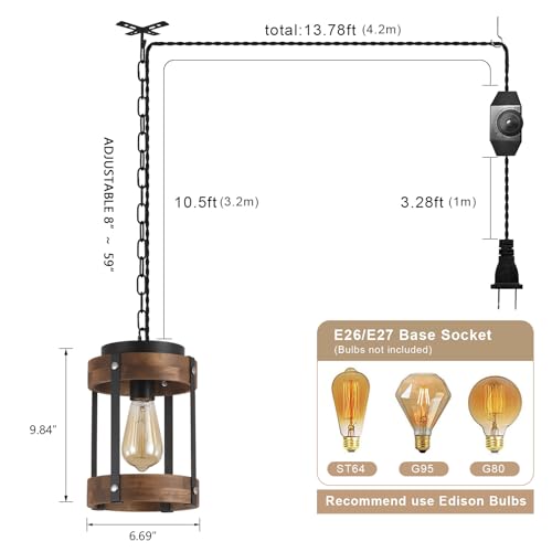 2 Pack Rustic Farmhouse Plug in Pendant Light Fixture with Adjustable Chain, Dimmable Switch, Oak Wood and Metal Drum Cage Mini Hanging Lamp for Kitchen Island Living Room Hallway Farmhouse, Black - size: Small 2-Pack Hanging Lamp