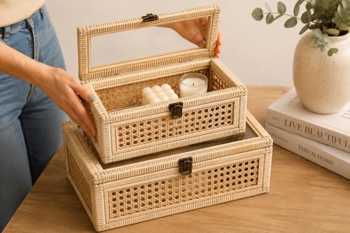 Large Set of 2 BOHO Decorative Rattan Box with a lockable Glass Top Scent Free