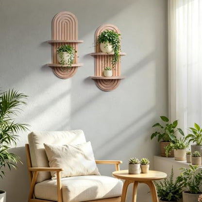 Boho Floating Shelves for Wall Art, Mid Century Modern Arched Wood Shelf - color: Natural