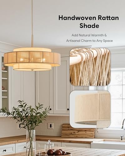 VONLUCE 23.6" Boho Rattan Chandelier, 6-Light Rattan Ceiling Light Fixture - color: Brushed Nickel, size: 24inch