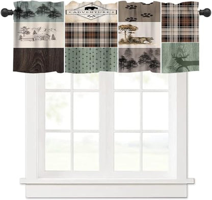 Rustic Lodge Window Valance Retro Bear Deer Country Farmhouse Buffalo Plaid Short Curtains Rod Pocket Drapes Dining Room Bedroom Kitchen Living Room Office Drapes, 54x18in - color: Style-16, size: 54"W x 18"L (Pack of 1)