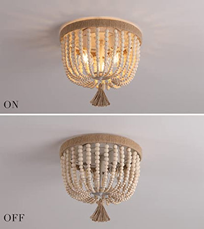 AMZASA Boho Flush Mount Ceiling Light Wooden Beaded Hepm Rope Oak Withe Farmhouse Beaded Chandelier Light Fixture 3 Lights for Nursery Bedroom Hallway Entryway - color: Hemp Rope