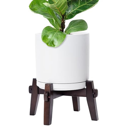 D'vine Dev Ceramic Planter with Wood Stand - 10 Inch Mid Century Modern Cylinder Indoor Plant Pot Set for Indoor Plants & Flowers, White, 55-A-X-1 - size: 10 inch
