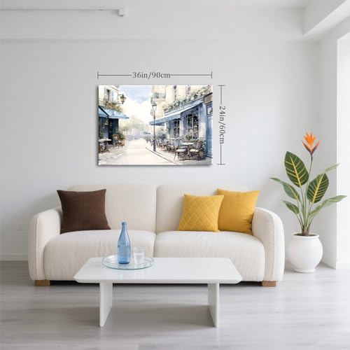 Framed Paris Cafe Canvas Wall Art, 36"x24" Blue Street Scene - color: Blue 01, size: 36"L x 24"W