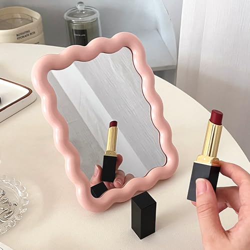 Wave Table Desk Vanity Makeup Mirror Small Make Up Office Mirror Pink - color: Pink