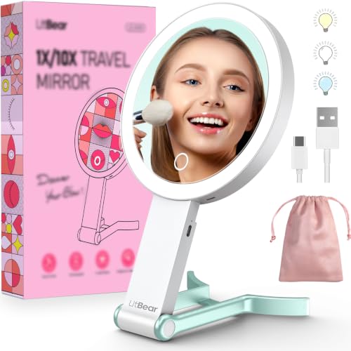 LitBear Travel Makeup Mirror with Light, Rechargeable Double-Sided 10X/1X Magnifying Mirror, Portable Lighted Beauty Mirror, 3 Color Lighting, Dimmable Touch Screen, Tabletop Handhold Hanging (Green) - color: Green