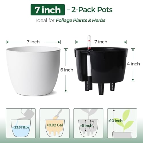 T4U Self Watering Pots 7 Inch Indoor Planters with Water Indicator 2 Pack
