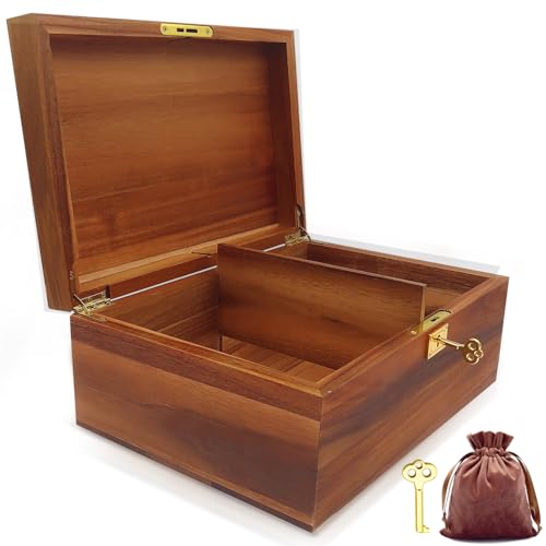 WELITTCON Wood Box Large Decorative Wooden Storage Box with Hinged Lid and Locking Key Premium Acacia Keepsake Chest Box Memory Gift Wooden Boxes 11 X 8.5 X 5 Inches - style: Key Lock with partition