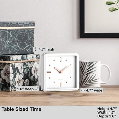 Driini Small Square Modern Desk Clock – Silent Analog, White and Rose Gold - color: White