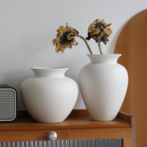 Large White Ceramic Flower vase, Modern Centerpiece Table Decorations,Round Shape Rustic Ceramic vases for Home Decor Dining Room (White, 0619) - color: White, size: 0619