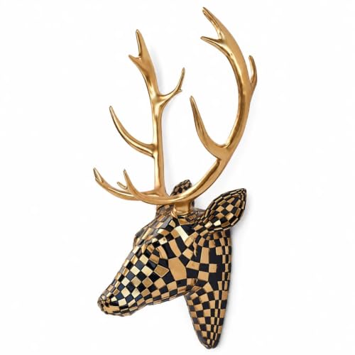 GIGICICI Mosaic Deer Head Wall Decor 15.7x8.7 Inch, Artistic Faux Resin Animal Head Wall Sculpture Hanging for Living Room Bedroom Kitchen Office, Black-Gold Gift - color: Deer-Black Gold