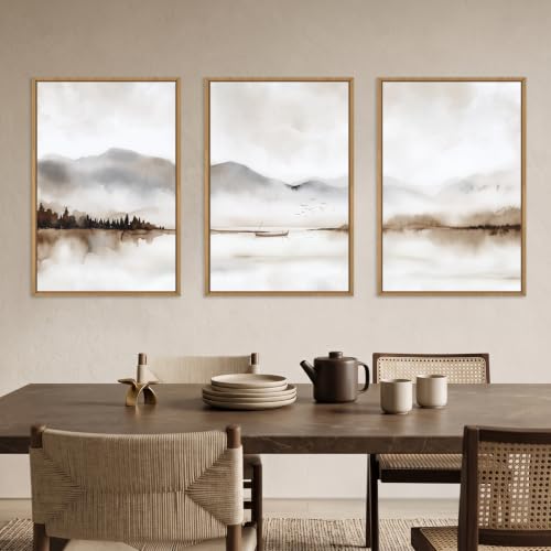 DRACIT Neutral Abstract Mountain Framed Canvas Print Wall Art Set-24"x36"x3 - color: Natural Landscape Wall Art, size: 24"L x 36"W