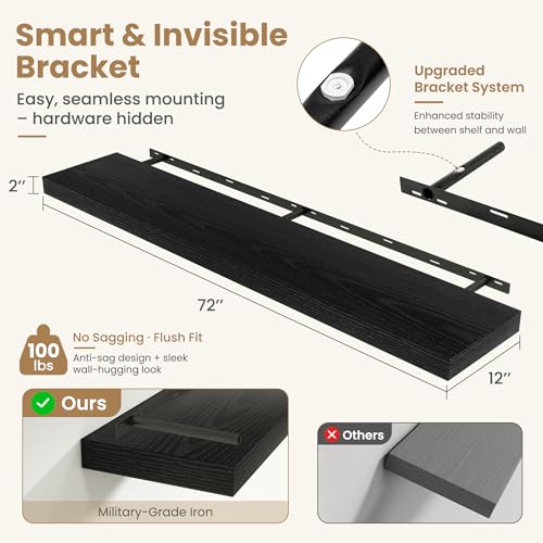 72 Inch Long Floating Shelves for Wall Set of 1, 12"D Wood Grain Shelves - color: Black, size: 72"Wx12"Dx2"H, 1P