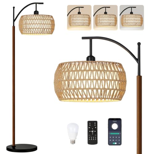 QIYIZM Rattan Floor Lamp for Living Room,Bedroom,Boho Standing Lamp with Remote Dimmable,Wood Vintage Mid Century Modern Black Tall Lamp Wicker Lamp Shade Floor Lights Bohemian Tiffany Style - size: Floor Lamp--34