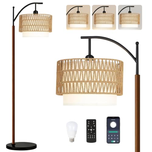 QIYIZM Boho Floor Lamp for Living Room,Bedroom,Rattan Standing Lamp with Remote Dimmable,Wood Vintage Mid Century Modern Black Tall Lamp Wicker Lamp Shade Floor Lights Bohemian Tiffany Style - size: Floor Lamp--33
