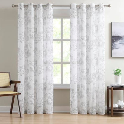 LinenZone 54x84 White Curtains with Charcoal Print. (Flora 54x84 Charcoal) - color: Charcoal, size: 54"W x 84"L (Pack of 2)