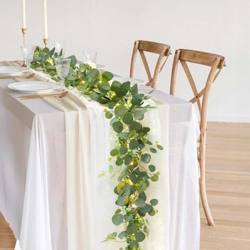 N&T NIETING 2 Pack Artificial Eucalyptus Garland with Lights, 6FT Artificial Greenery Summer Garlands, Battery Operated Twig Vine for Room Stairs Mantle Wedding Holiday Decoration Indoor Outdoor - size: 2