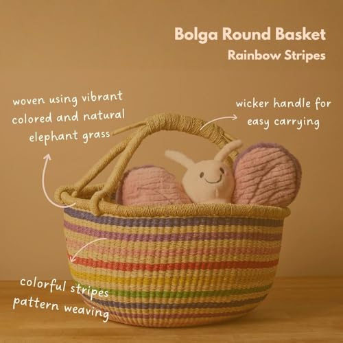 Large Rainbow Bolga Basket with Handle, African Woven Wicker Basket - color: Multicolor Stripes