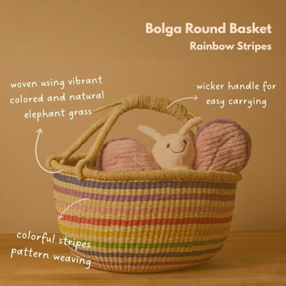 Large Rainbow Bolga Basket with Handle, African Woven Wicker Basket - color: Multicolor Stripes