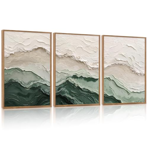 Aurlan 3D Textured Green Abstrcat Ocean Framed Canvas Wall Art 16x24 Inch - color: Green Beige (3D Textured), size: 16"L x 24"W