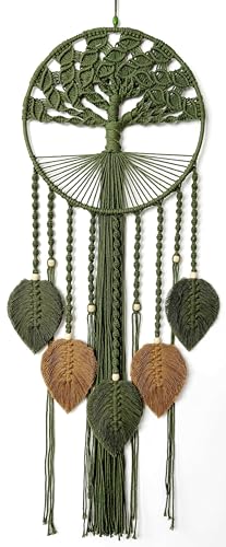 Large Tree of Life Dream Catchers, Macrame Wall Hanging, Boho Woven Tapestry, Macrame Wall Decor Art for Adults Boys Girls Bedroom Wedding Party, Festival Blessing Gift (Green & Brown)