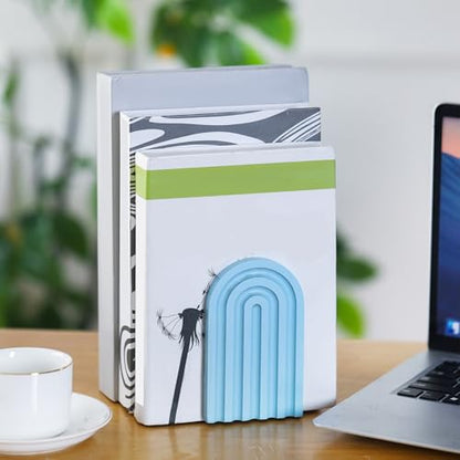 Harloon 4 Pcs Boho Arch Bookends Rainbow Wooden Book Ends, Sky Blue Color - color: Denim Blue Color