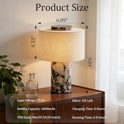 Cordless Marble Table Lamp with USB Port Rechargeable Battery Operated,Bedroom Nightstand Stone Base Touch Dimmable Night Light End Linen Lamp Shades for Side Contemporary Coastal Living Room - color: White