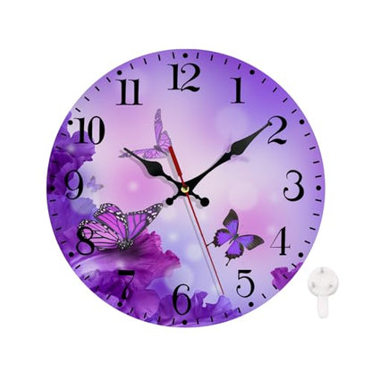 Ansouyi Round Wall Clock Battery Operated Clocks Wallclock 10 Inch,Purple Flower and Butterfly Silent Non Ticking Wall Clock for Living Room,Kitchen,Home,Bathroom,Bedroom,Office or School - color: Flower and Butterfly