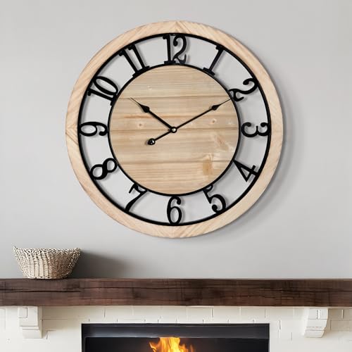 LEIKE 20 Inch Large Wall Clock - Rustic Wooden Silent Non-Ticking Wall Clock with Black Metal Frame, Vintage Farmhouse Decorative for Living Room, Bedroom, Kitchen - Arabic Numerals, Modern Design